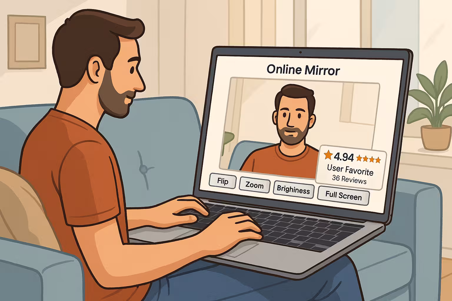 A man using the Sora Webcam Mirror Tool on his laptop